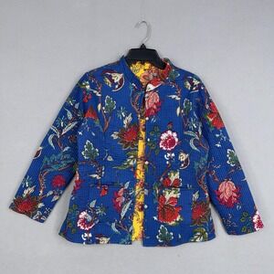 Floral Jacket Womens Medium Reversible Blue Yellow Quilted Boho Print Coat